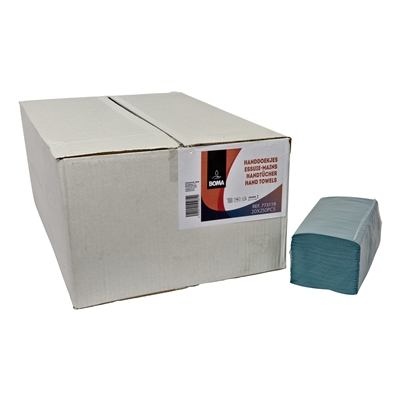773119: Essuie-mains Singlefold - tissu recyclé - 1 pli - 23 x 25 cm - BLEU - 5000 pièces (20x250)