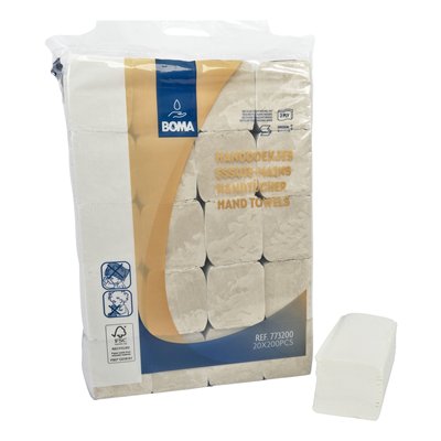 773200: Essuie-mains Singlefold - tissu recyclé - 2 plis - 23 x 24 cm - BLANC - 4000 pièces (20x200)