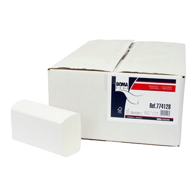 774128W: Essuie-mains mains multifold - pur tissu - 2 plis - BLANC - 3000 pièces - Ecolabel