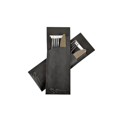 Pochette à couverts grande taille noire - serviette en airlaid blanche - 230 x 75 mm - 250 pièces