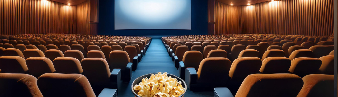 une salle de cinéma vide avec un paquet de pop-corn au premier plan
