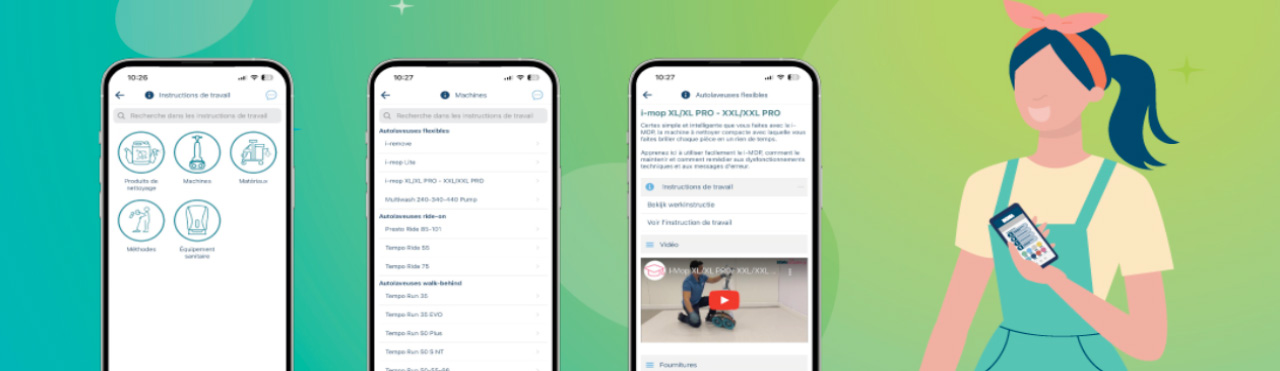 3 screenshot van Bip met ernaast een dame die een mobile telefoon vast houdt