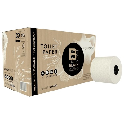213166: Black Satino GreenGrow toiletpapier met doppen - Miscanthusgras - 2 laags - 100 m / 712 vel - 24 rollen - 314680