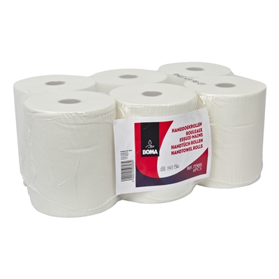 773015: Rouleau essuie mains  - tissu pur - 2 plis - 140 m x 20 cm - BLANC - 6 rouleaux