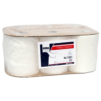 773021: Bobine d"essuyage (type Katrin) - tissu pur - 2 plis - 130 m x 21 cm - BLANC - 6 rouleaux
