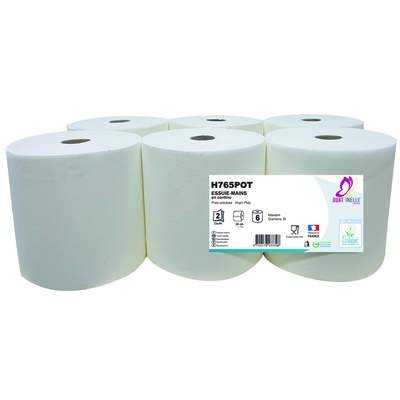 774955: Rouleau d'essuie-mains autocut - tissu pur - 2 plis - 140 m x 20 cm - BLANC - 6 rouleaux