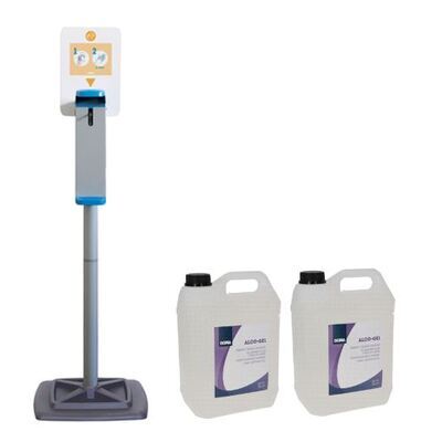777948: PROMO: Station d"hygiene des mains Doria avec distributeur réchargable au coude - 1000 ml + 2 x 5L Alco-Gel